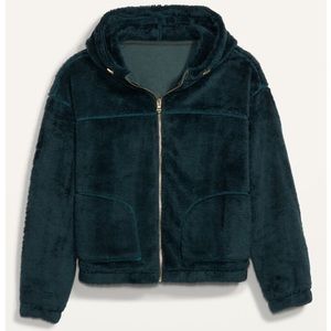 Old Navy Loose Sherpa Crop Zip Up Hoodie Dark Ivy